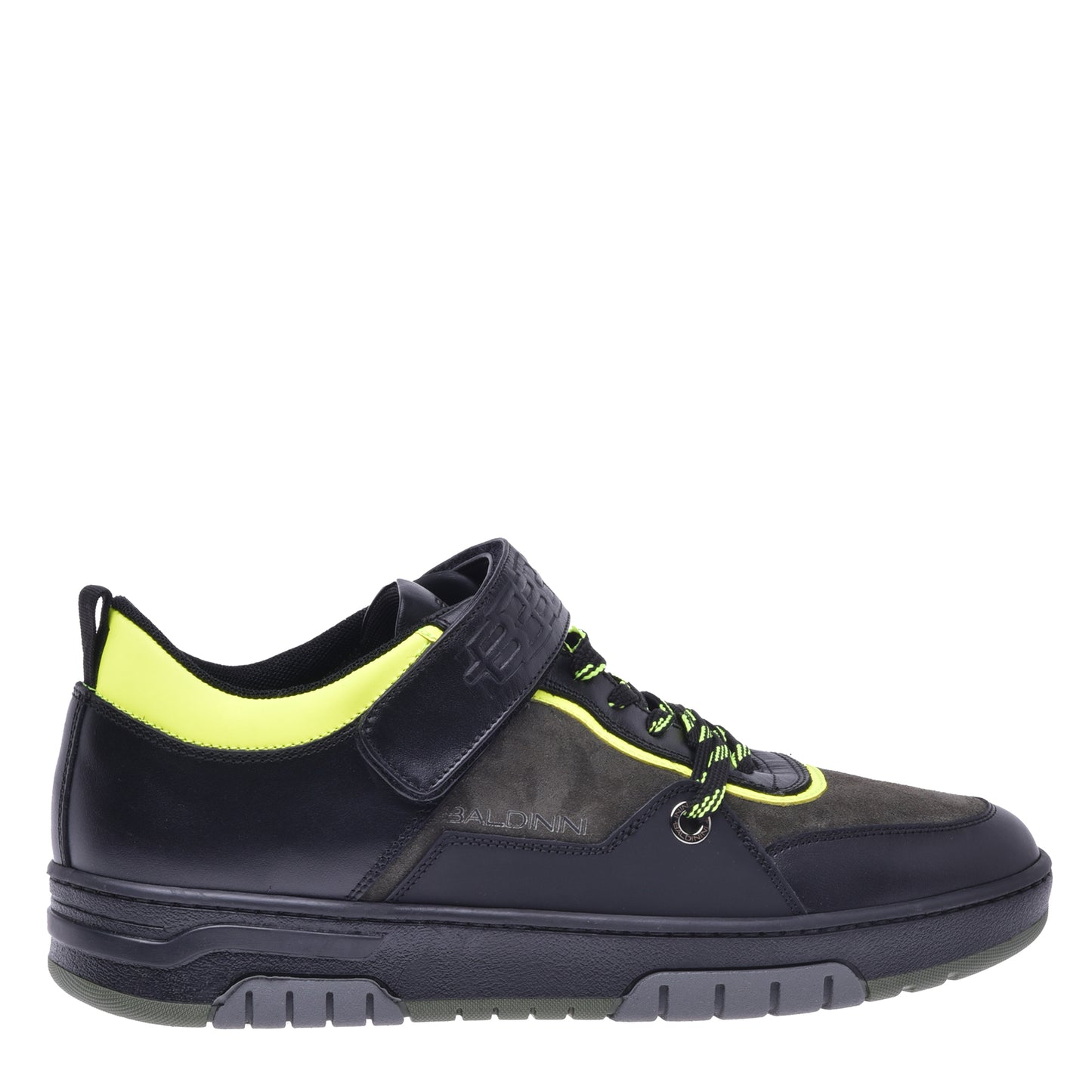 Baskets basses en cuir noir et croûte de cuir vert kaki