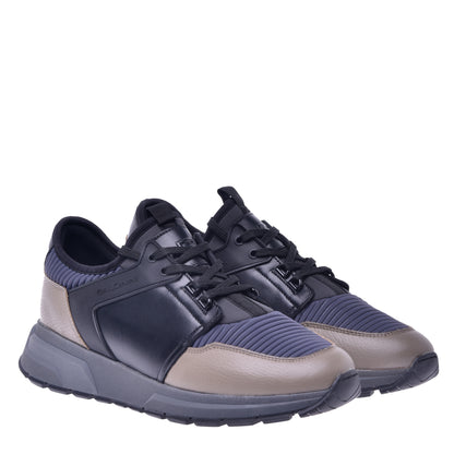 Baskets basses en cuir taupe et tissu gris