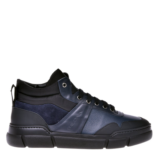 Sneakers montantes en cuir bleu marine et tissu noir