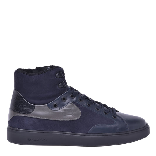 Sneakers montantes en cuir de veau noir et daim bleu marine