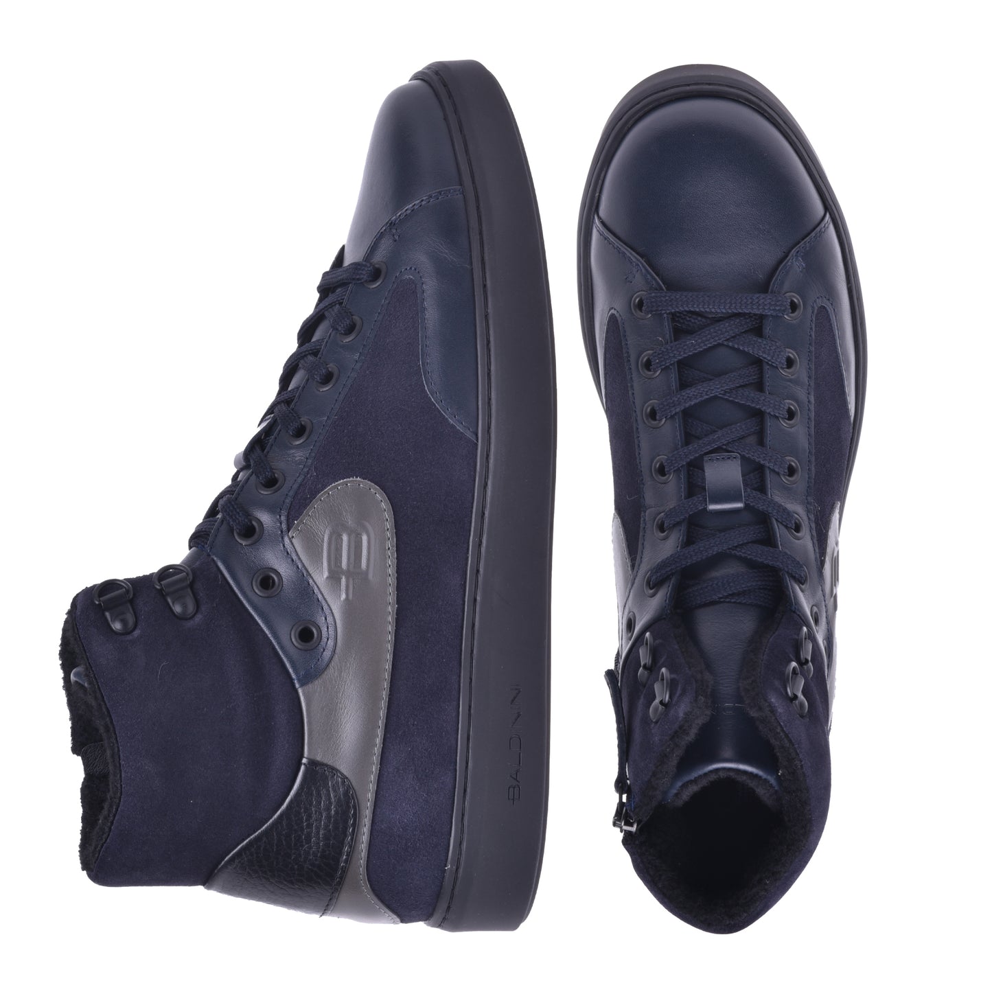 Sneakers montantes en cuir de veau noir et daim bleu marine