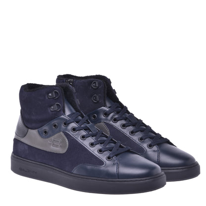 Sneakers montantes en cuir de veau noir et daim bleu marine