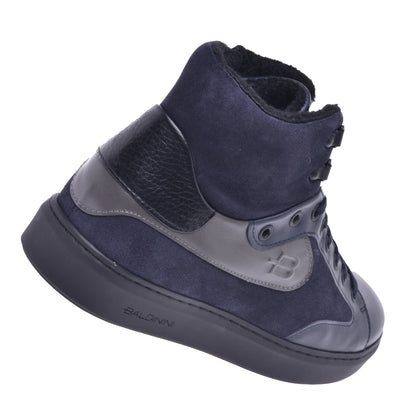 Sneakers montantes en cuir de veau noir et daim bleu marine