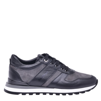 Basket basse en daim gris et cuir de veau noir
