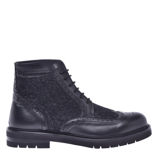 Black calfskin and fabric ankle boot