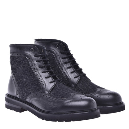 Black calfskin and fabric ankle boot