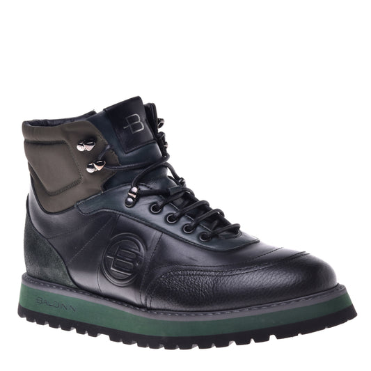 Ankle boots in military green and black calfskin and fabric