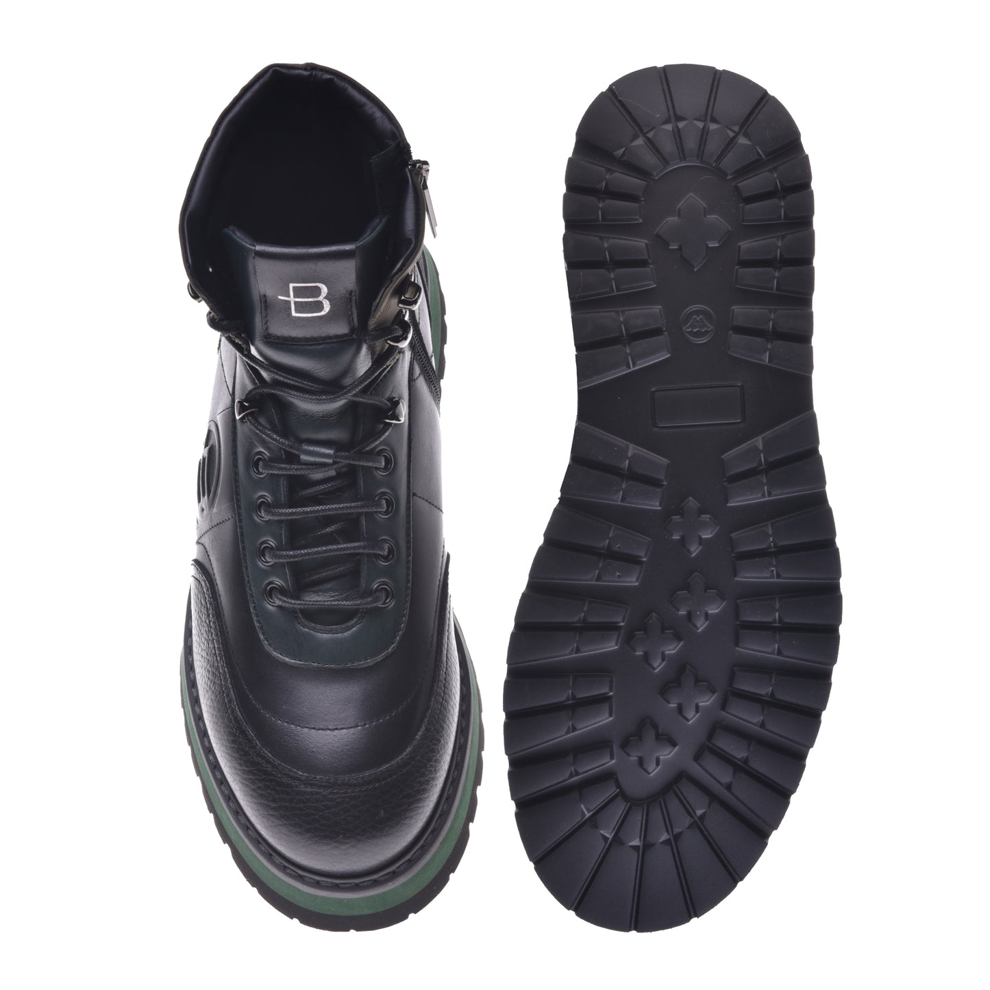 Ankle boots in military green and black calfskin and fabric