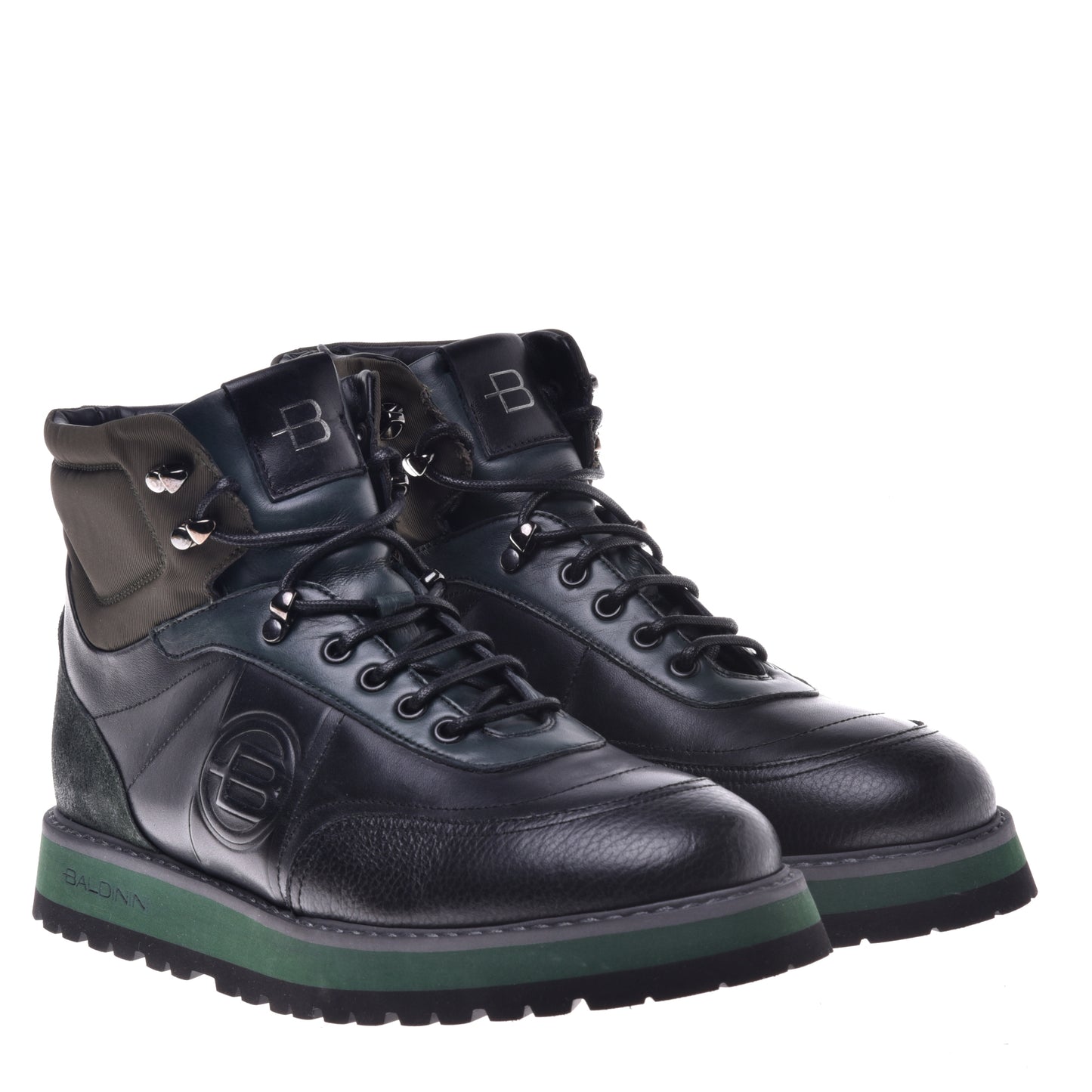 Ankle boots in military green and black calfskin and fabric