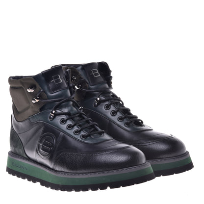 Ankle boots in military green and black calfskin and fabric
