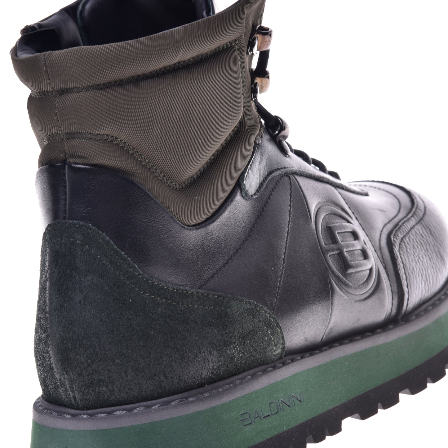 Ankle boots in military green and black calfskin and fabric