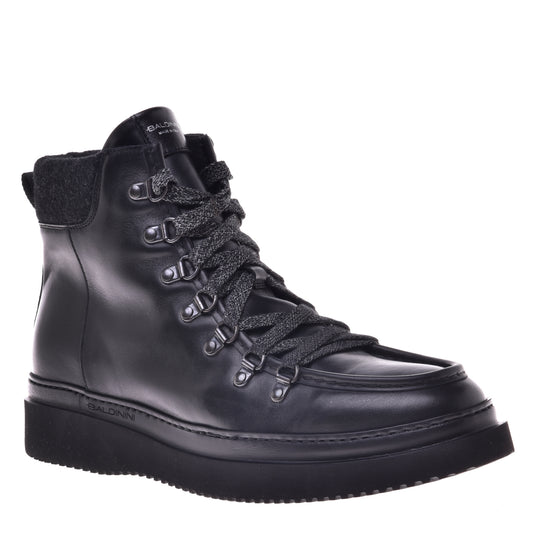Black calfskin and fabric ankle boot