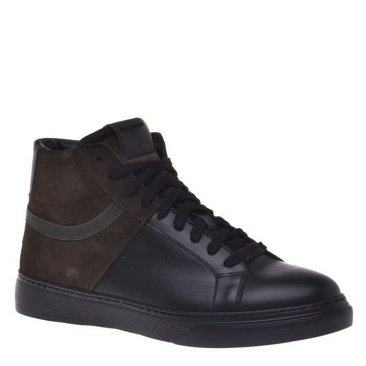Sneakers en daim et cuir de veau noir et marron foncé