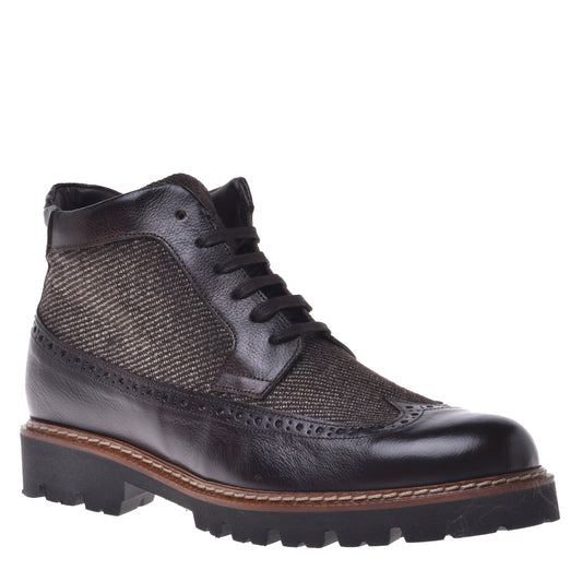 Bottes en cuir de veau et tissu marron foncé