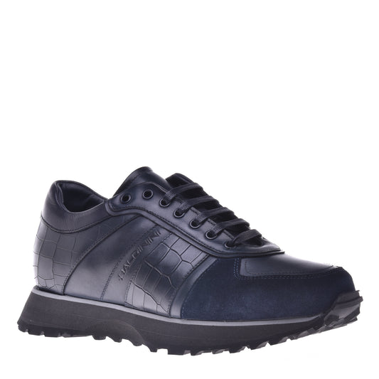 Baskets motif croco et cuir bleu foncé