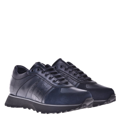 Baskets motif croco et cuir bleu foncé