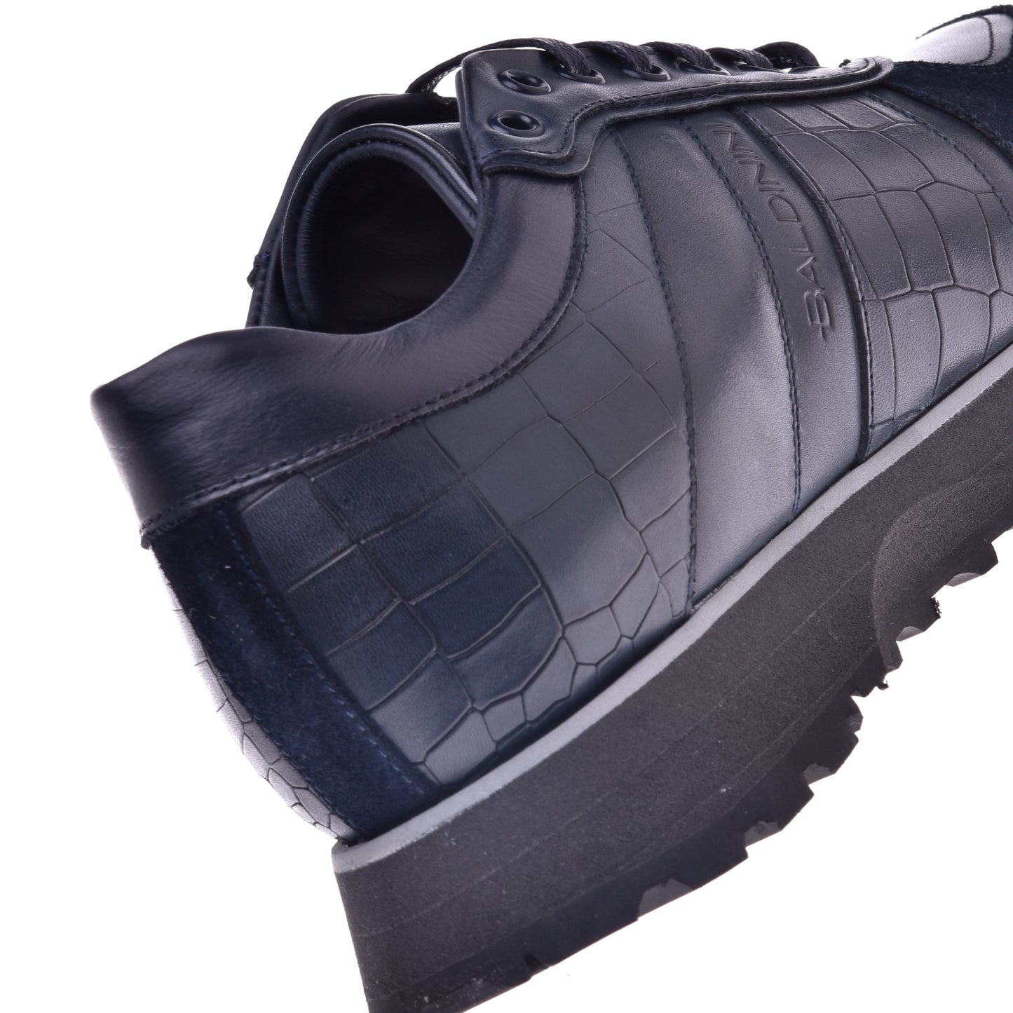 Baskets motif croco et cuir bleu foncé