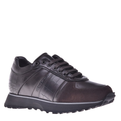 Baskets motif croco et cuir marron foncé