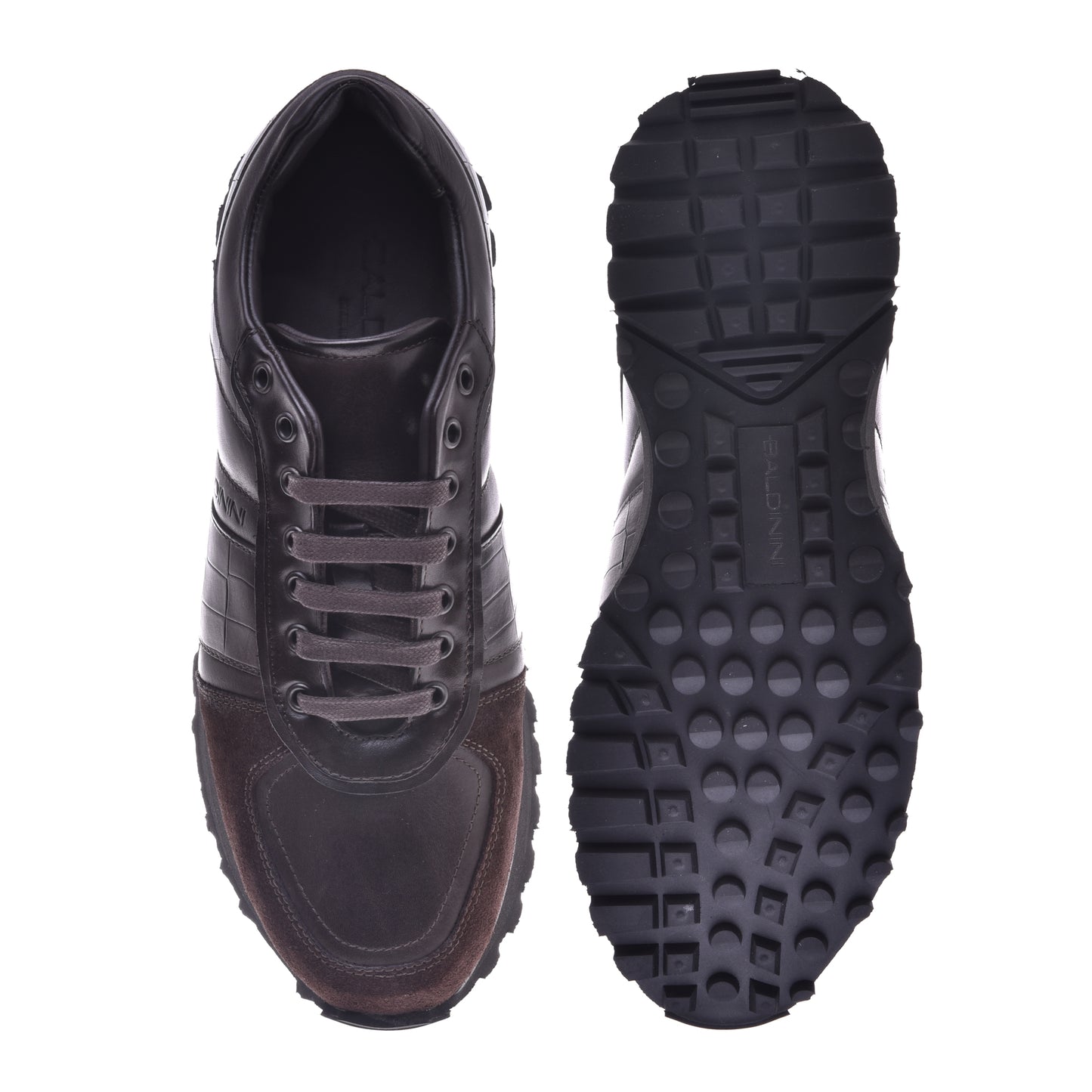 Baskets motif croco et cuir marron foncé