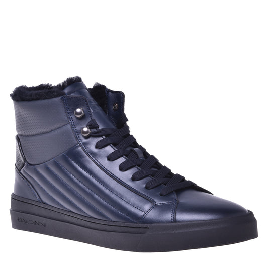 Baskets en cuir et cuir matelassé bleu foncé