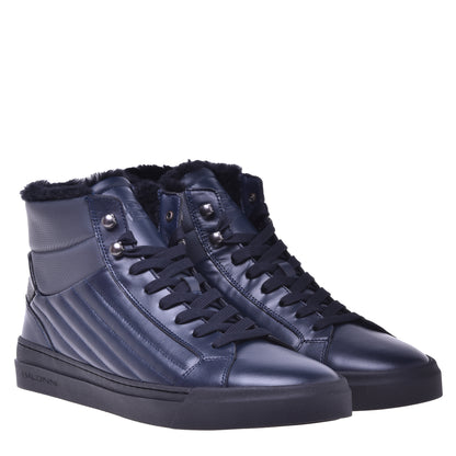 Baskets en cuir et cuir matelassé bleu foncé