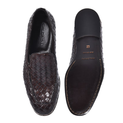 Dark brown woven leather moccasin