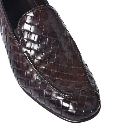 Dark brown woven leather moccasin