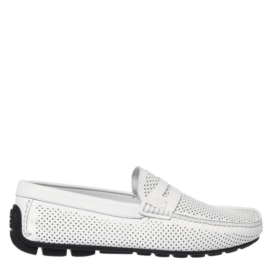 White perforated grained leather driver moccasin