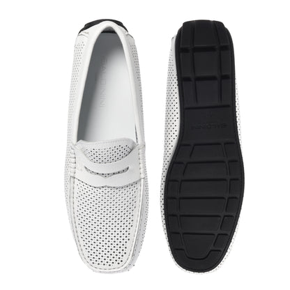 White perforated grained leather driver moccasin