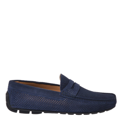 Blue perforated suede driver moccasin