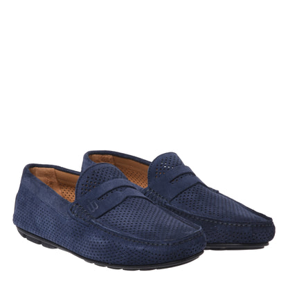 Blue perforated suede driver moccasin