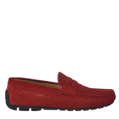 Red perforated suede driver moccasin