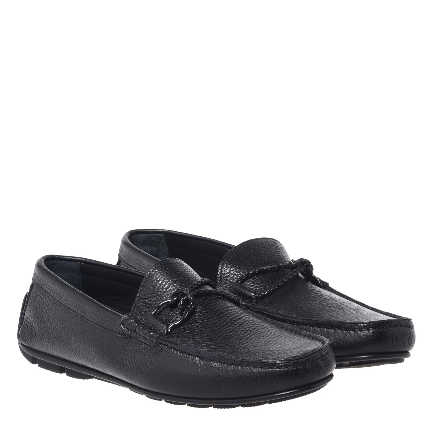 Black grained leather driver moccasin
