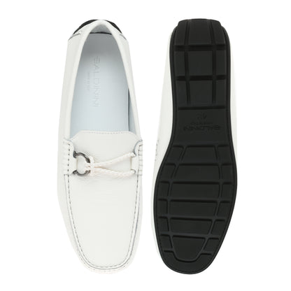 White grained leather driver moccasin