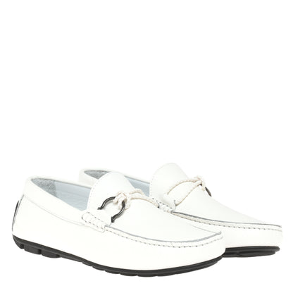 White grained leather driver moccasin