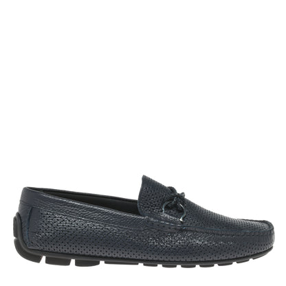 Blue perforated grained leather driver moccasin