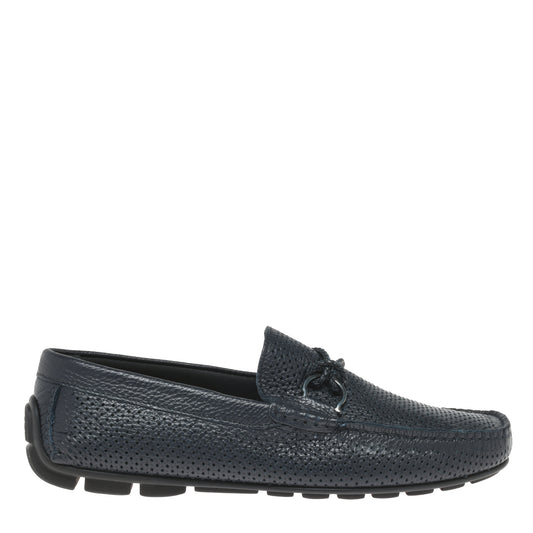 Blue perforated grained leather driver moccasin