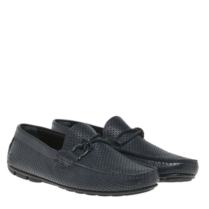 Blue perforated grained leather driver moccasin