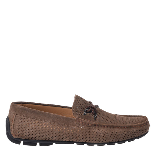 Brown perforated suede driver moccasin