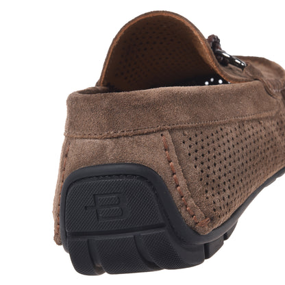 Brown perforated suede driver moccasin