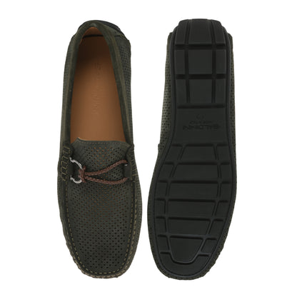 Green perforated suede driver moccasin