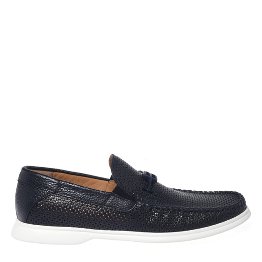 Dark blue perforated grained leather loafer