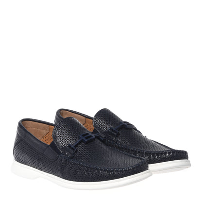 Dark blue perforated grained leather loafer