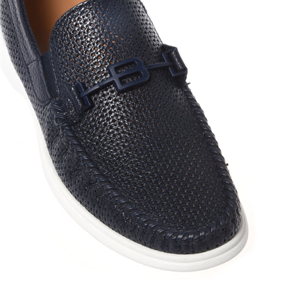 Dark blue perforated grained leather loafer