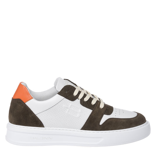Olive green suede and white perforated leather sneaker