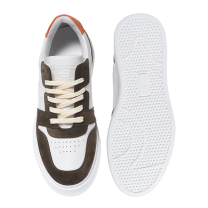 Olive green suede and white perforated leather sneaker