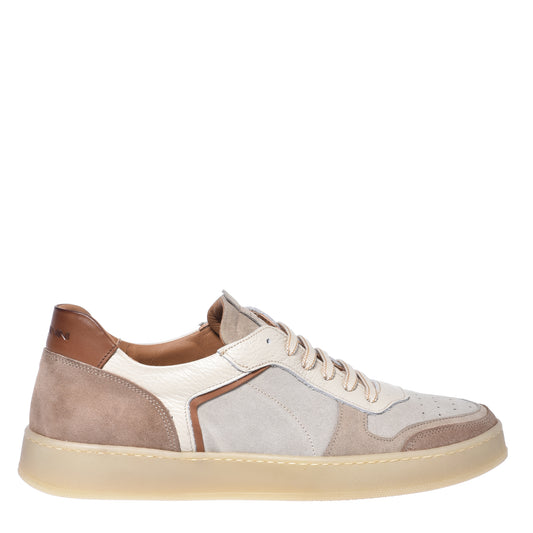 Sneaker in pelle scamosciata beige e pelle martellata bianco sporco