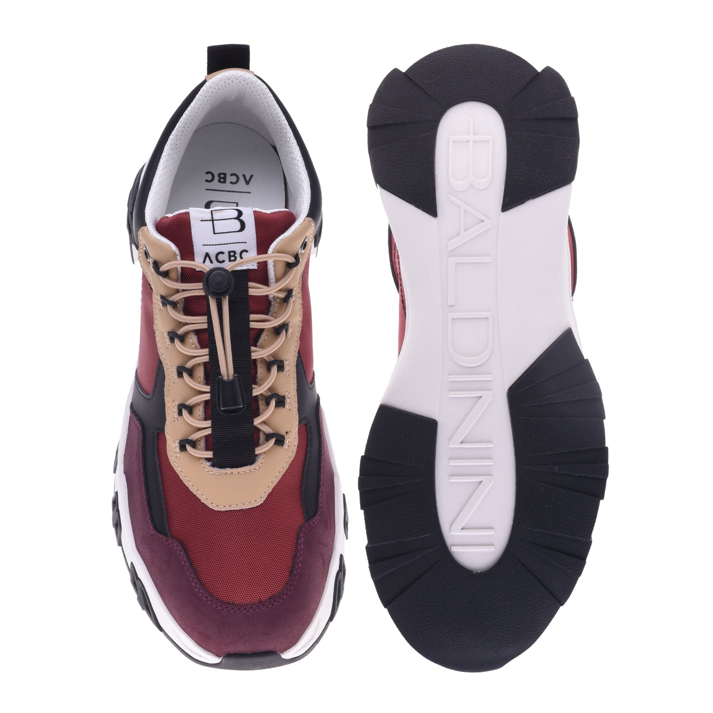 Baskets en simili cuir bordeaux et beige