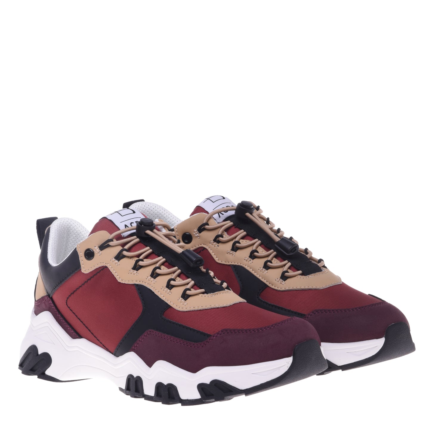 Baskets en simili cuir bordeaux et beige