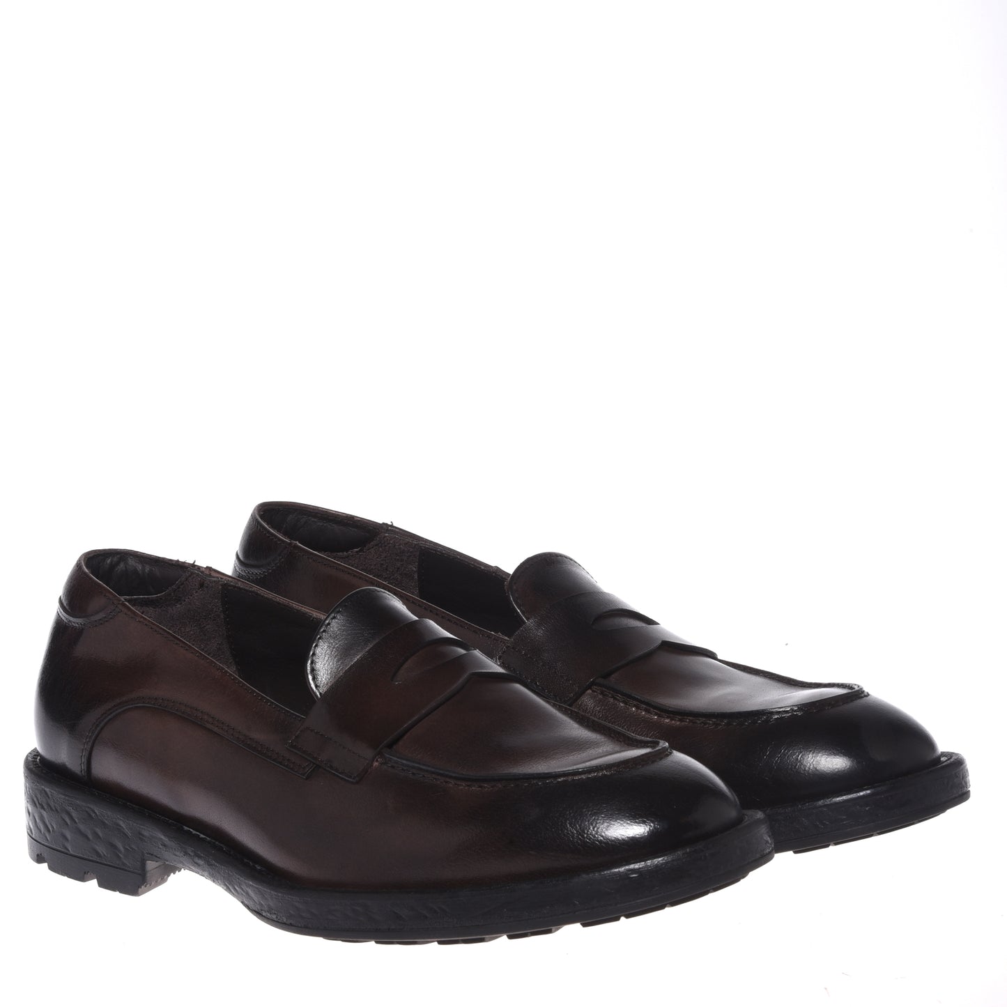 Dark brown distressed leather loafers